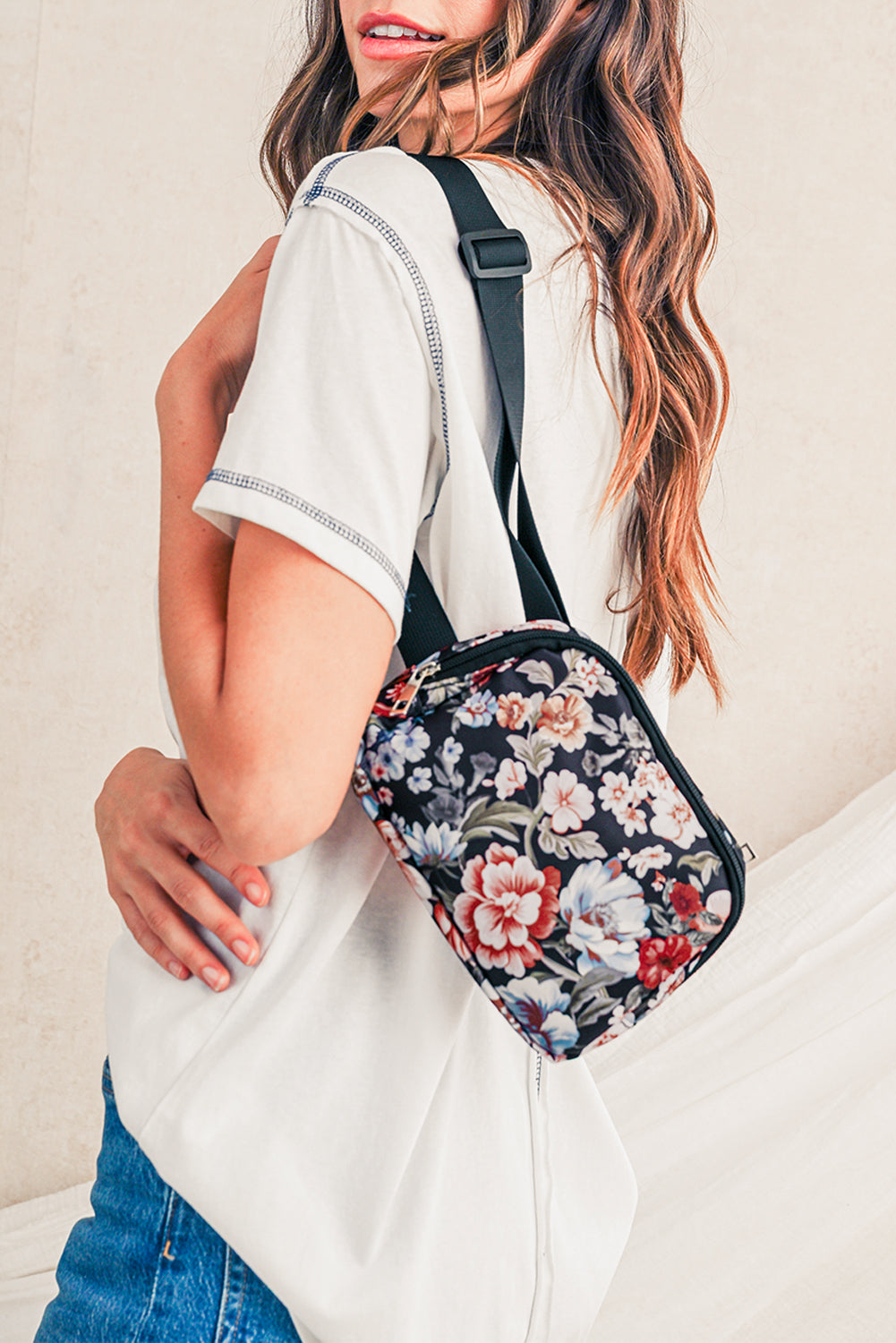Black Floral Print Zipper Wide Strap Sling Bag — image 12