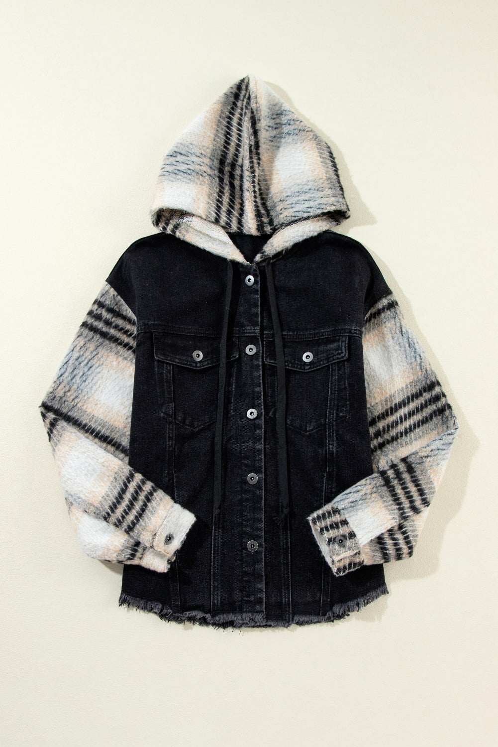 Black Plaid Sleeve Frayed Hem Hooded Denim Jacket — image 12