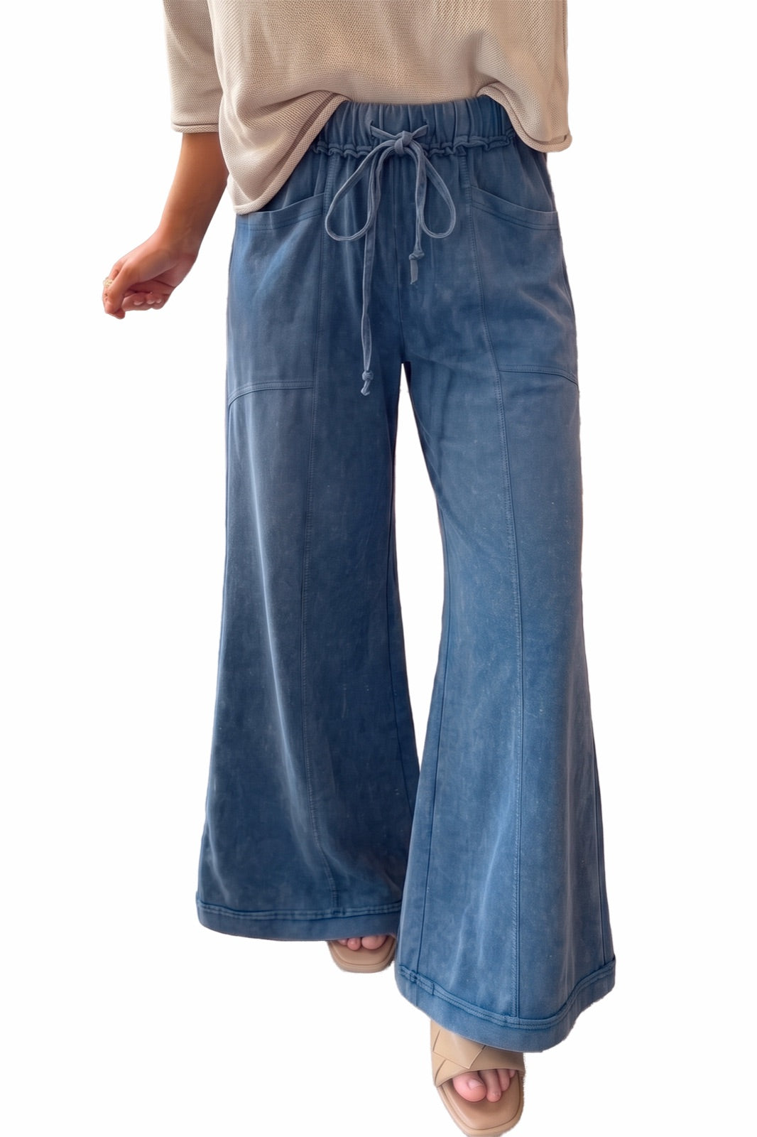 Mineral Wash Seam Detail Flare Leg Drawstring Pants — image 12