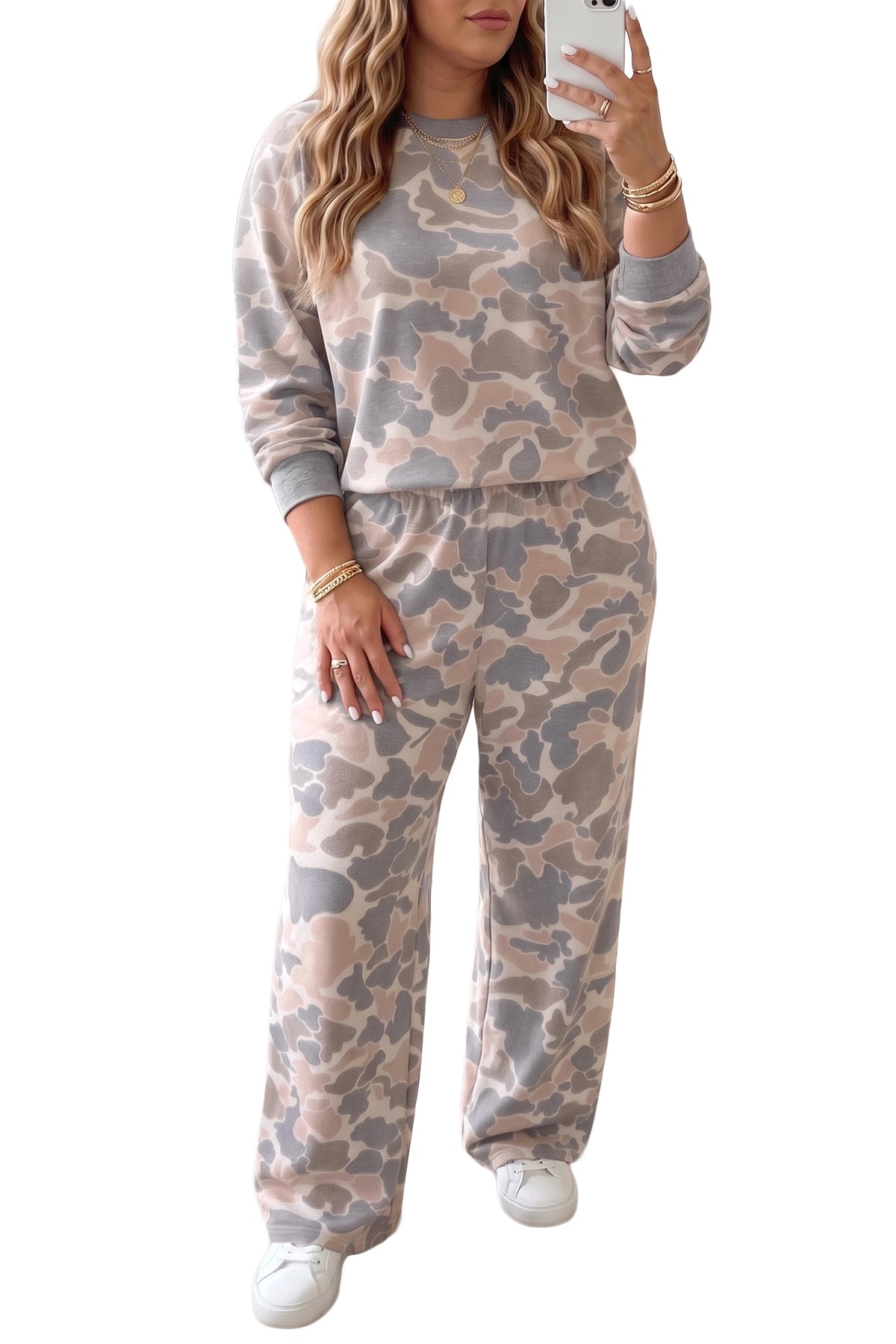 Multicolor Camouflage Print Long Sleeve Top Loose Two-Piece Pant Set — image 12