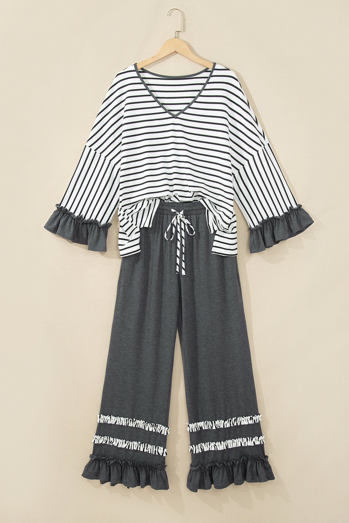 Stripe V-Neck Ruffle Contrast Sleeve Top + Drawstring Pants Set — image 12