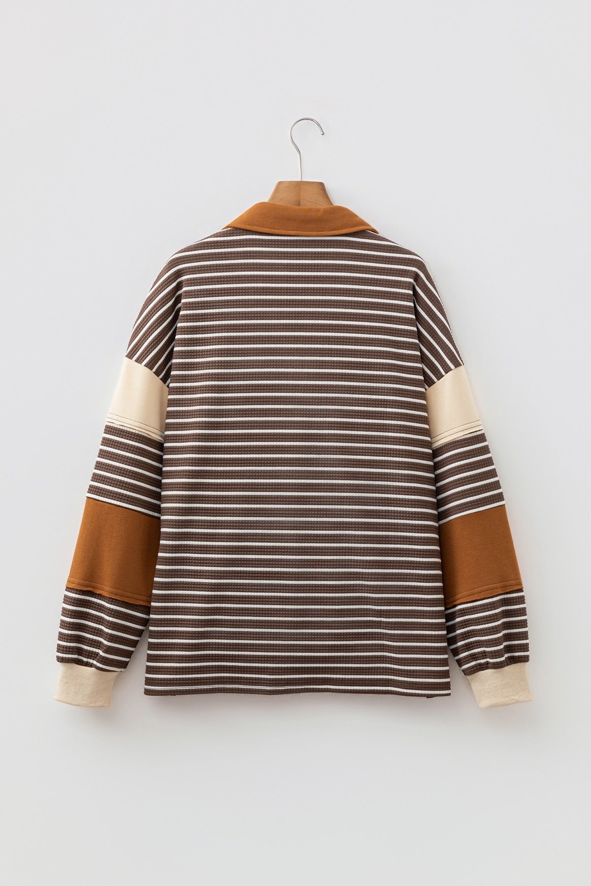Brown Stripe Collar V Neck Color Block Pullover Top — image 12