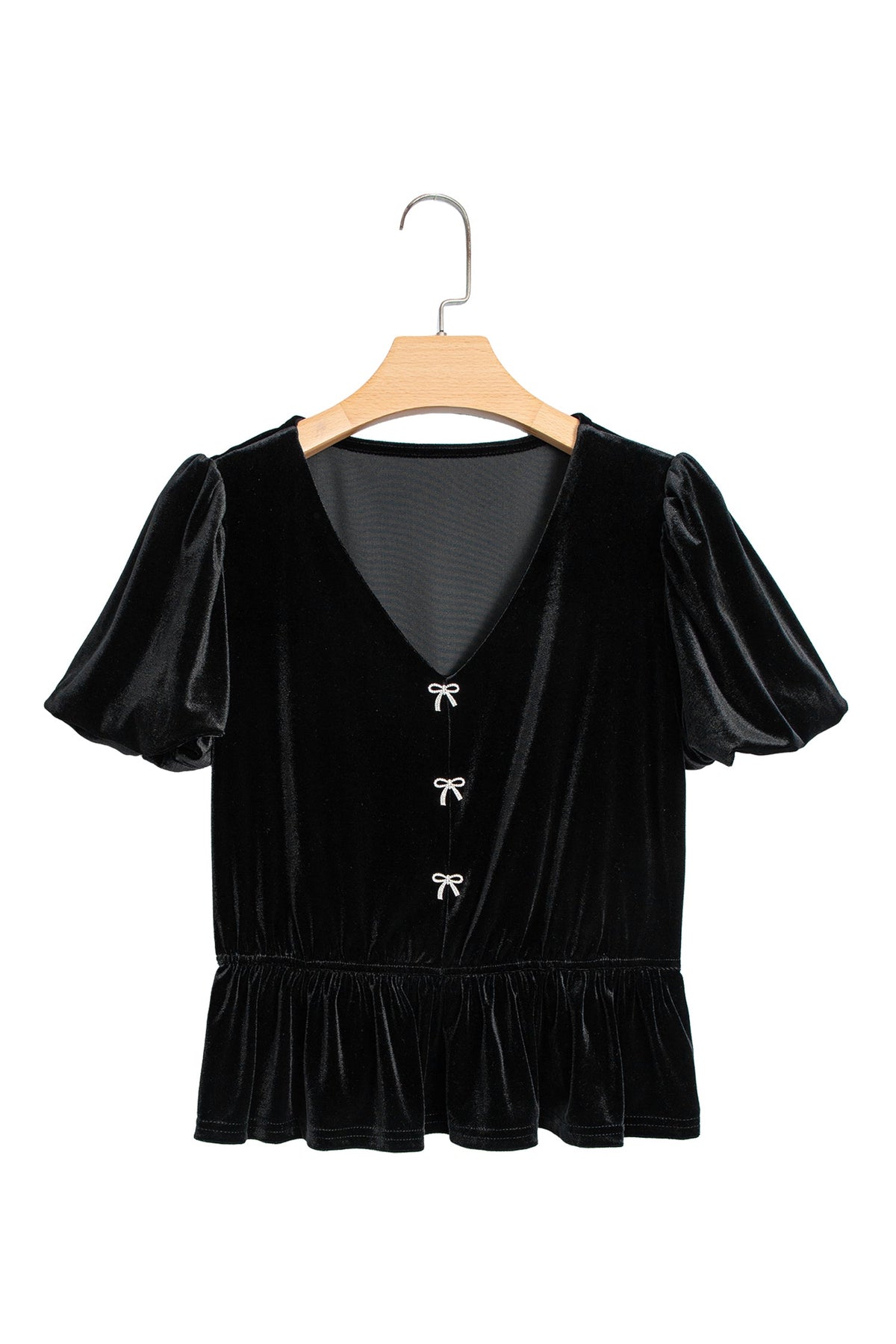 Black V Neck Bow Decorations Peplum Hem Shift Silhouette Short Sleeve Blouse — image 12