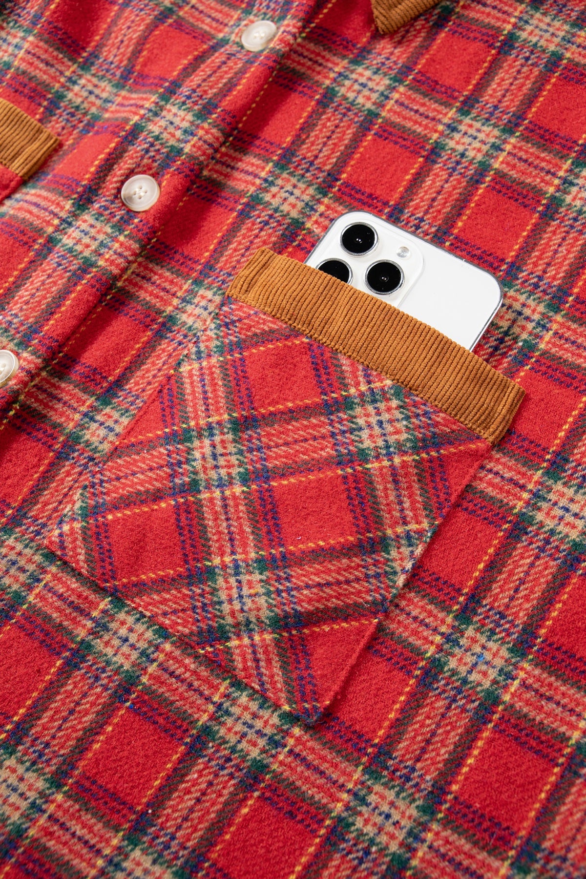 Red Plaid Color Block Collared Button Shacket — image 12