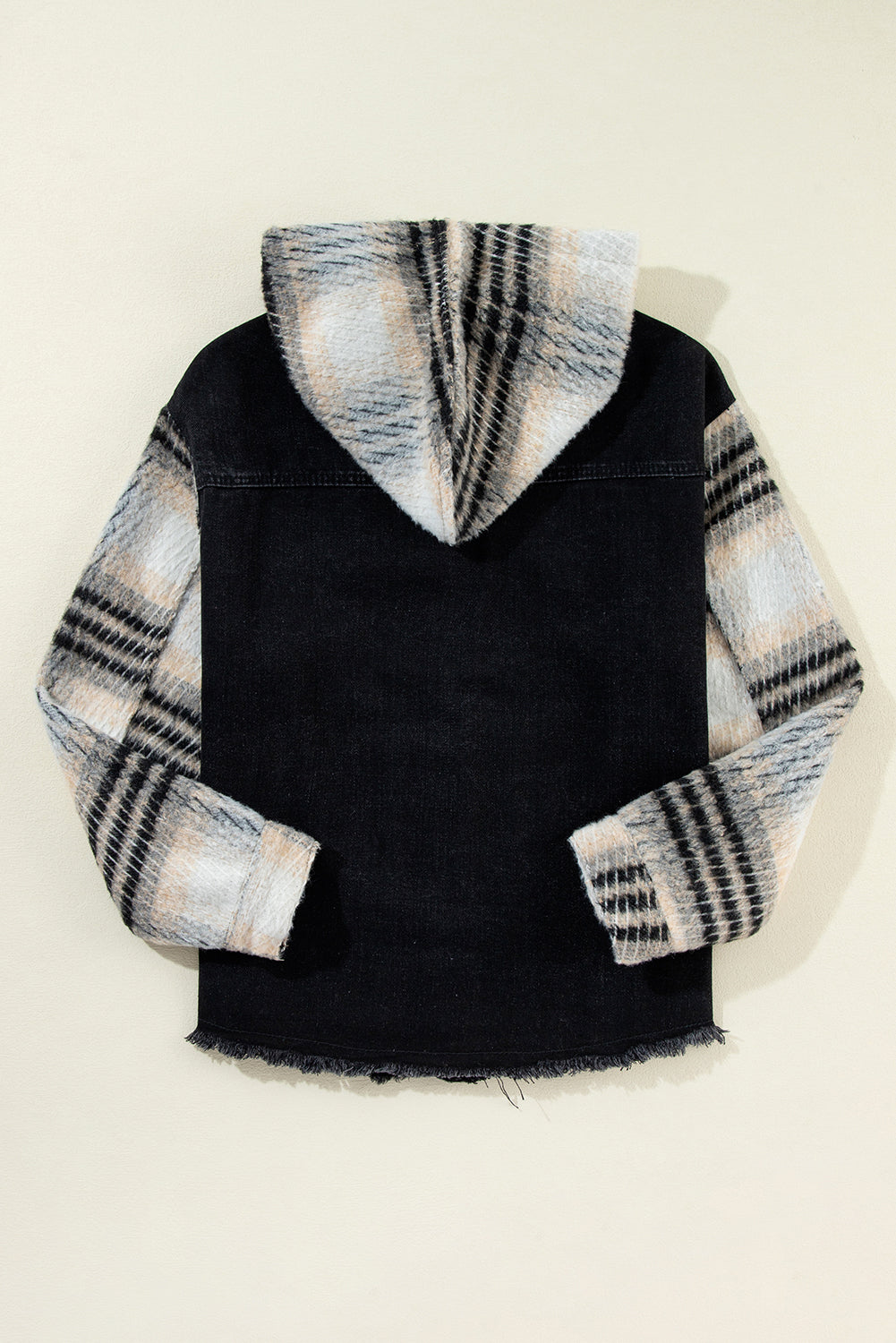 Black Plaid Sleeve Frayed Hem Hooded Denim Jacket — image 13