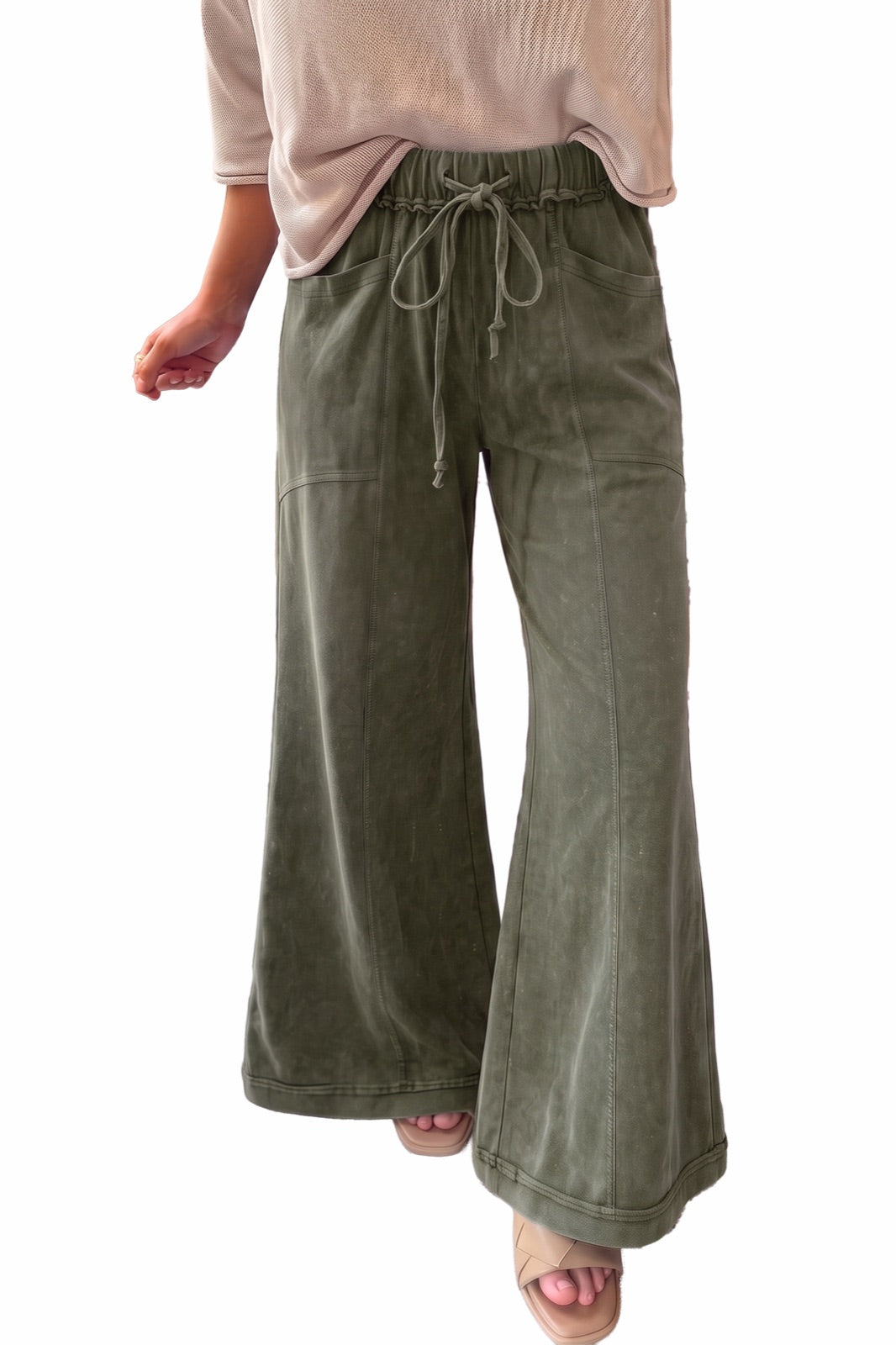 Mineral Wash Seam Detail Flare Leg Drawstring Pants — image 13