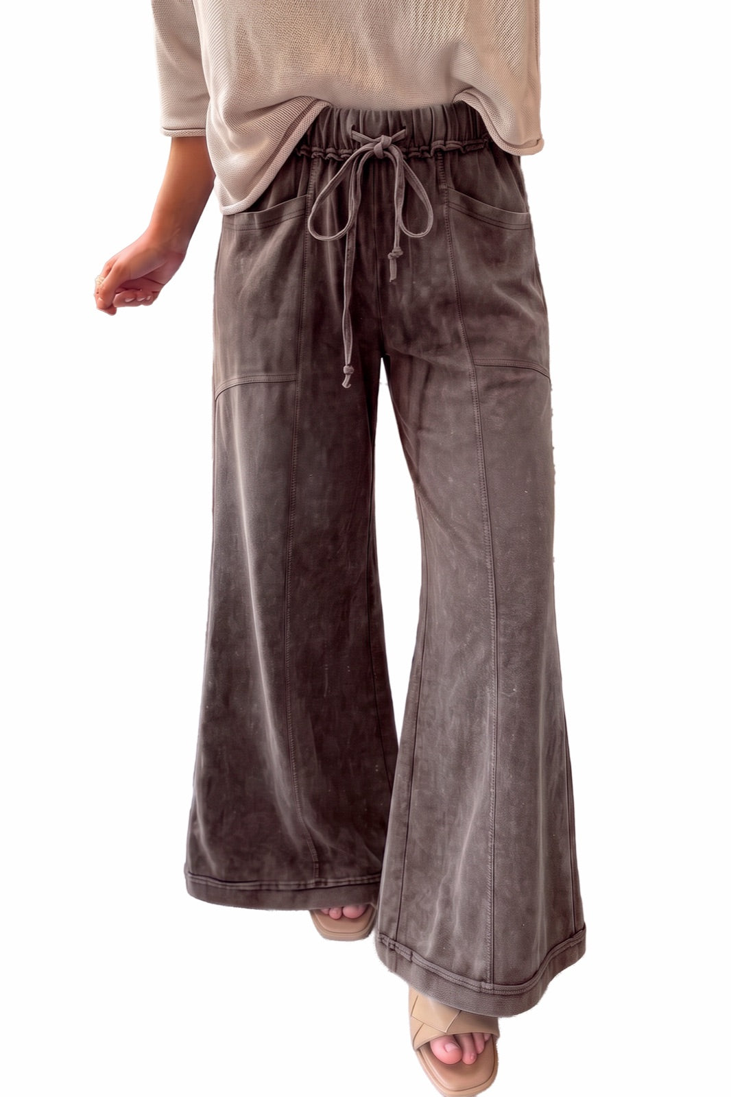 Mineral Wash Seam Detail Flare Leg Drawstring Pants — image 13