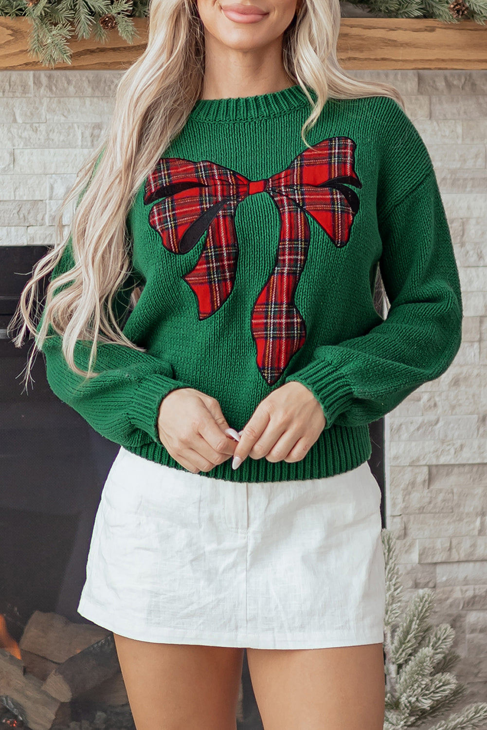 Evergreen Plaid Bow Graphic Christmas Sweater — image 14