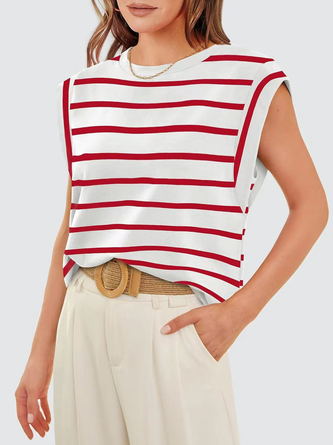 Striped Round Neck Cap Sleeve Top