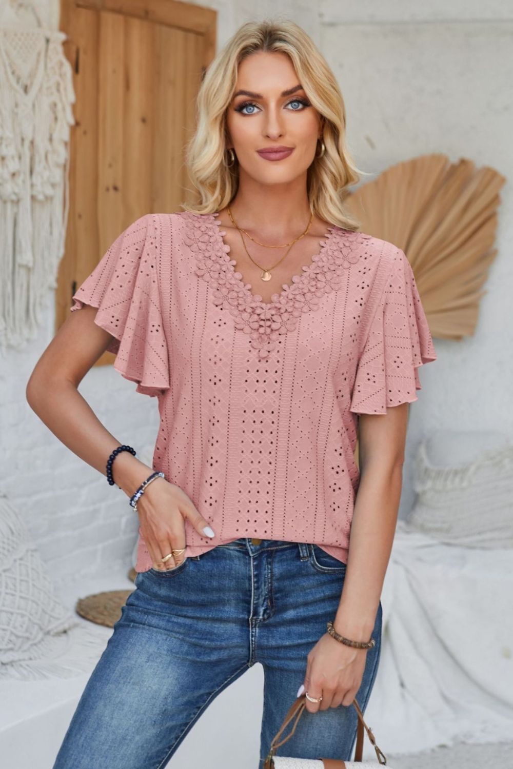 Amy Eyelet Flutter Sleeve Top