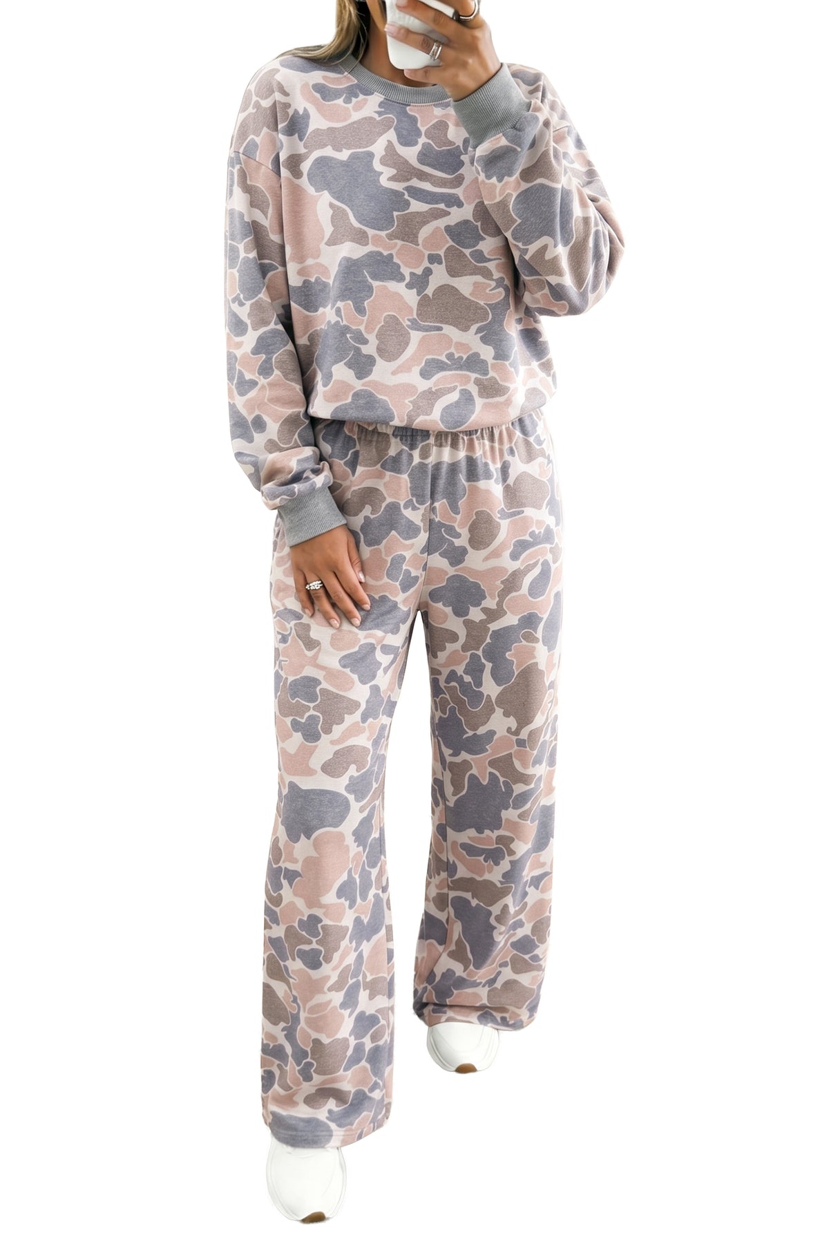 Multicolor Camouflage Print Long Sleeve Top Loose Two-Piece Pant Set — image 14