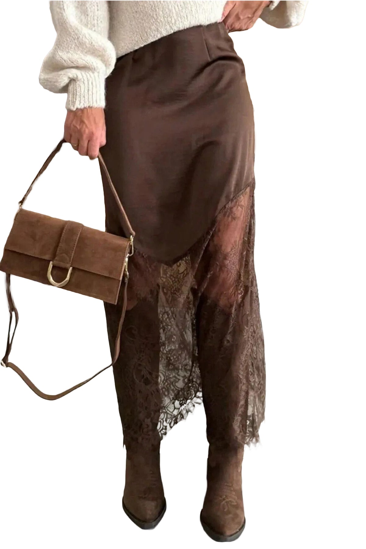 PREORDER // Dark Brown Lace Patchwork Hem Long Skirt // ETA November — image 14