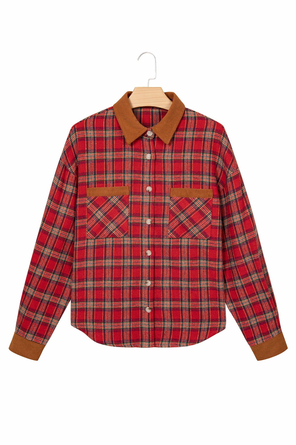 Red Plaid Color Block Collared Button Shacket — image 14