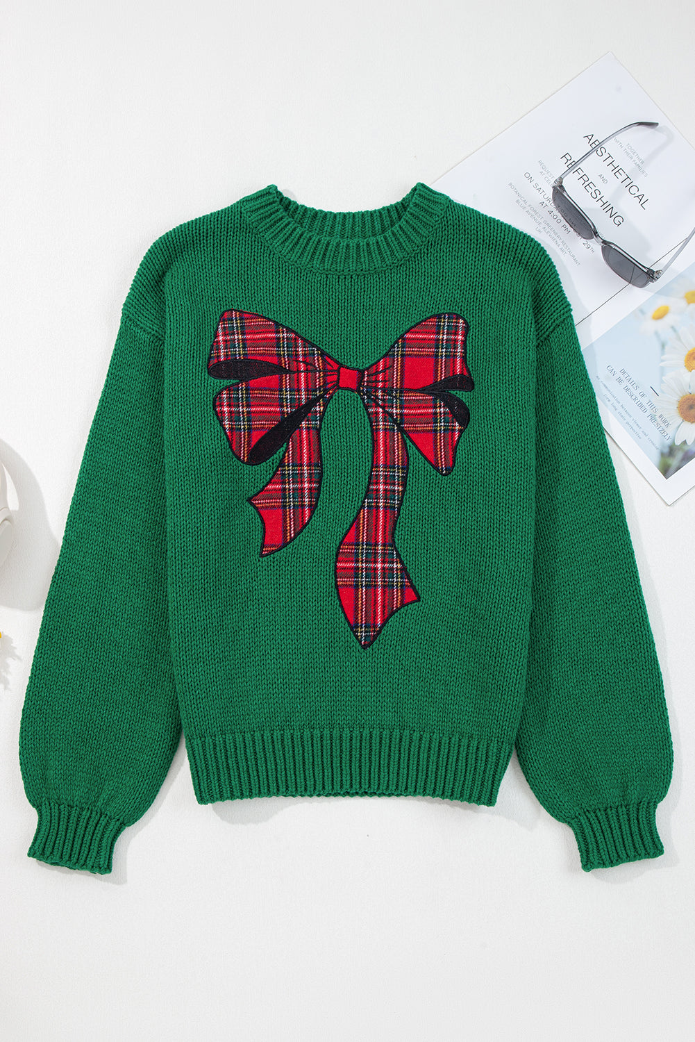 Evergreen Plaid Bow Graphic Christmas Sweater — image 15