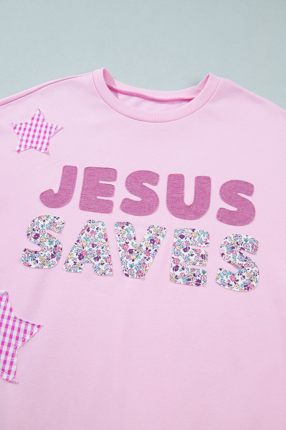 Pink JESUS SAVES Patchwork Stars Plaid Floral Letters Baggy Sweatshirt — image 15