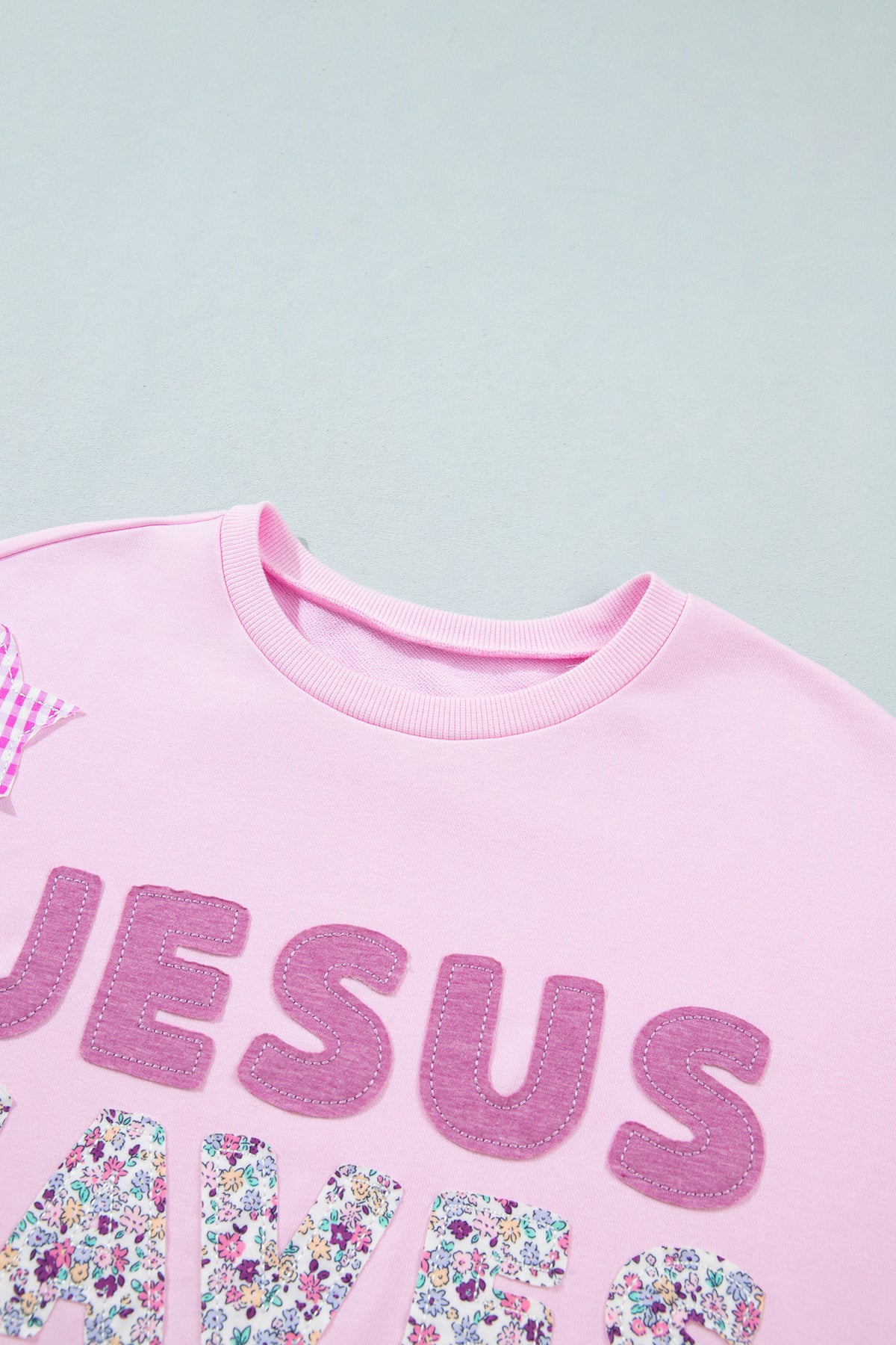 Pink JESUS SAVES Patchwork Stars Plaid Floral Letters Baggy Sweatshirt — image 16