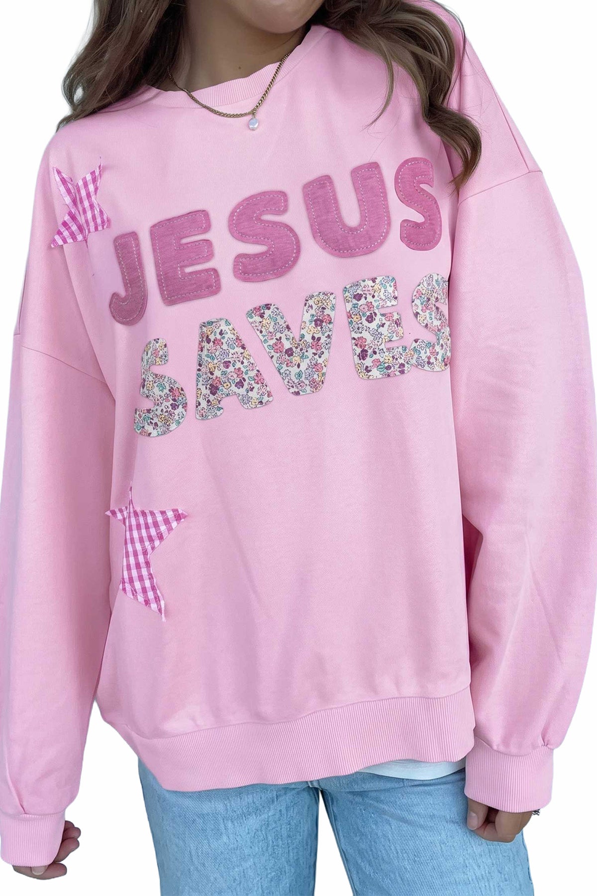 Pink JESUS SAVES Patchwork Stars Plaid Floral Letters Baggy Sweatshirt — image 18