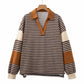 Brown Stripe Collar V Neck Color Block Pullover Top — image 18