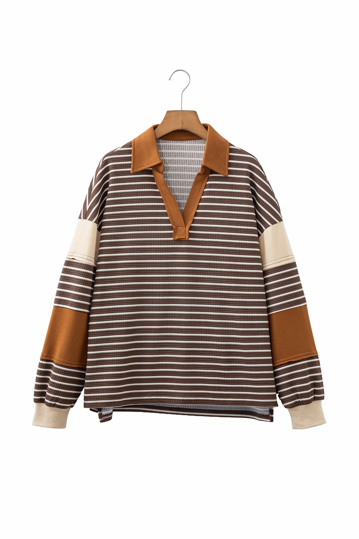 Brown Stripe Collar V Neck Color Block Pullover Top — image 18