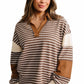 Brown Stripe Collar V Neck Color Block Pullover Top — image 19