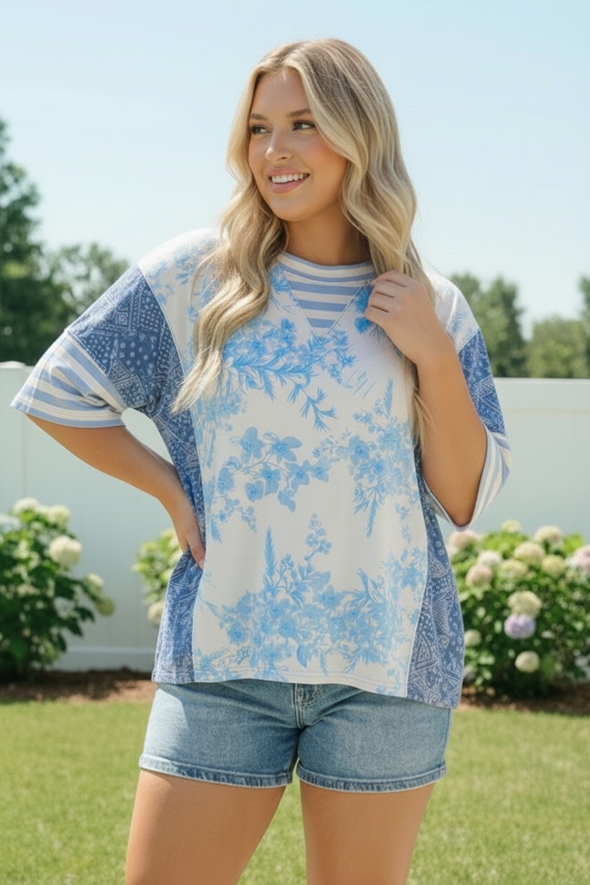 Blue Toile Mixed Print Tee