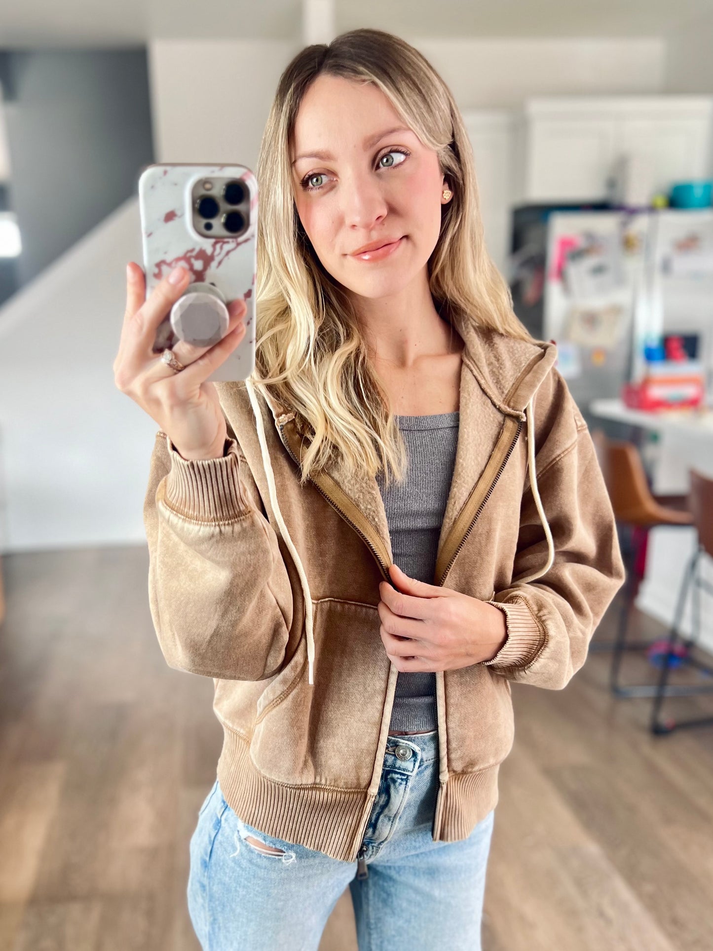 All in the Cozy Vintage Wash Hoodie in Camel