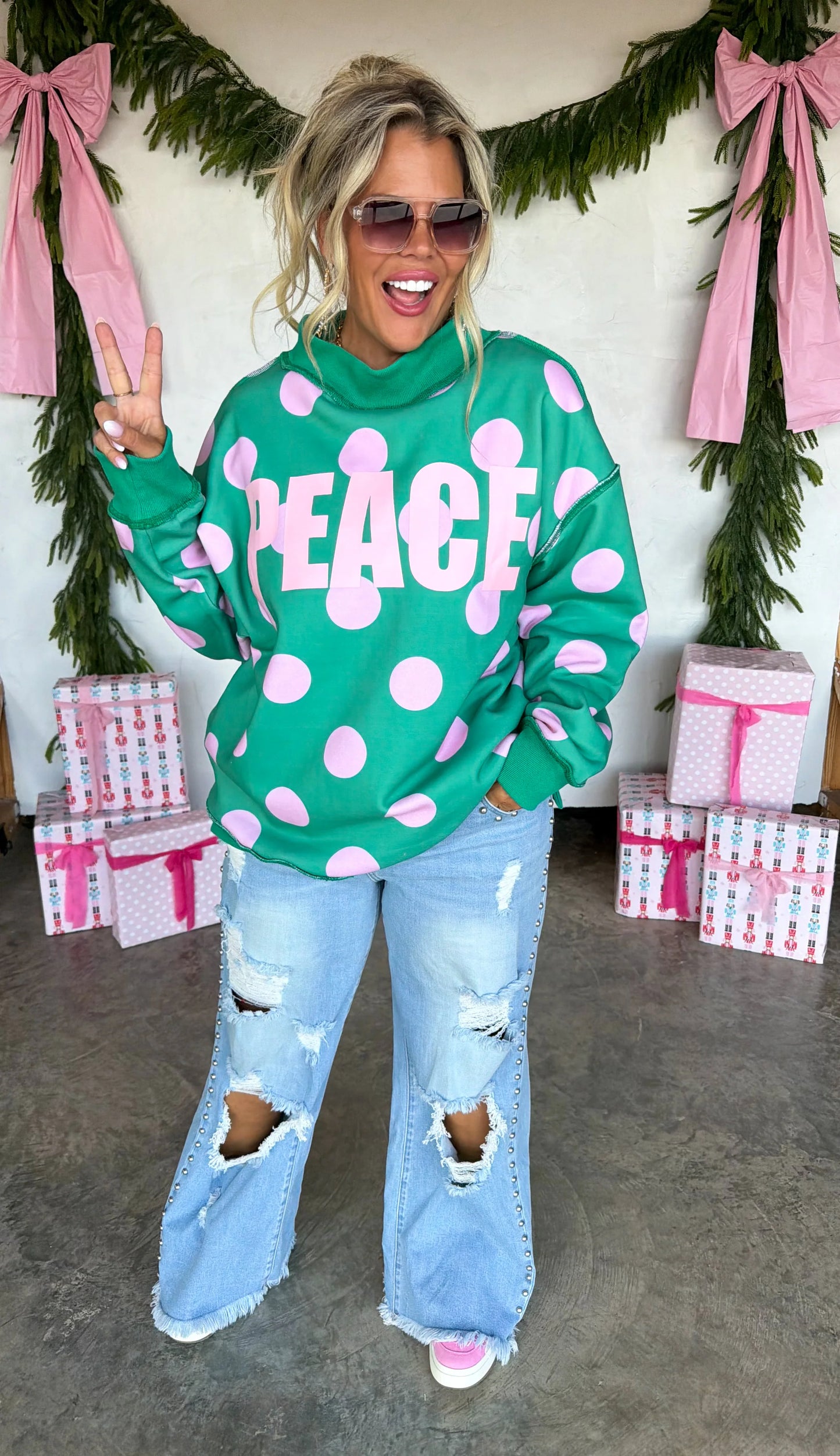 PREORDER: Peace & Polka Dot Mock Neck Pullover // ETA October - Early Nov