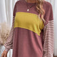 Round Neck Striped Long Sleeve Slit T-Shirt