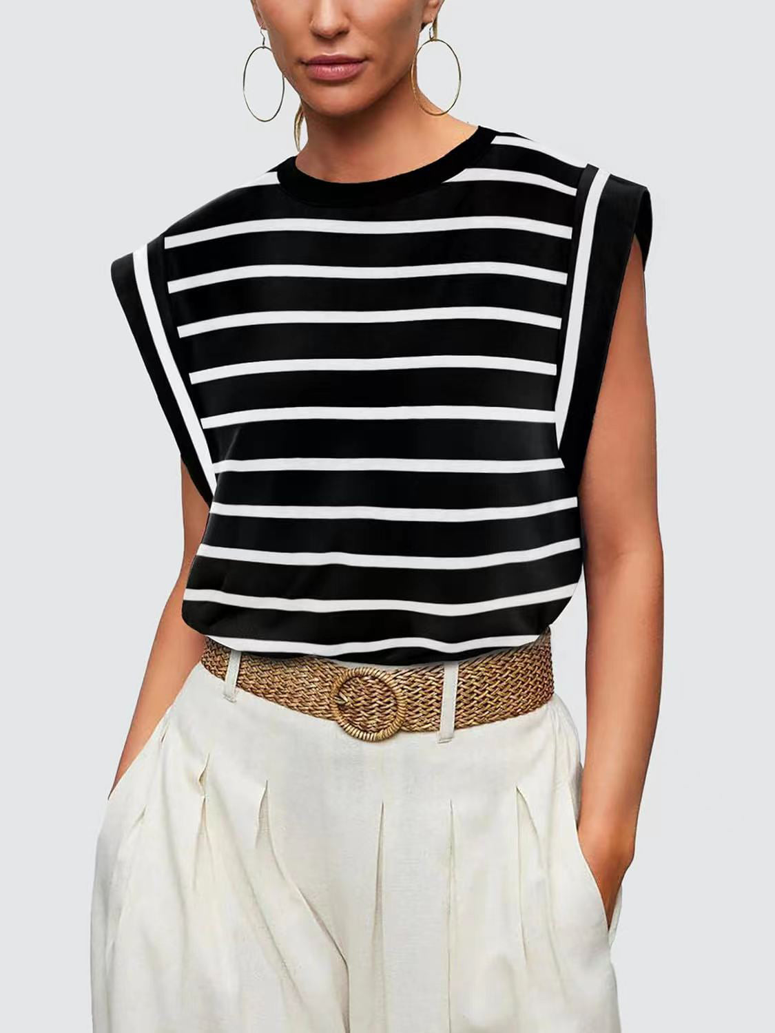 Striped Round Neck Cap Sleeve Top