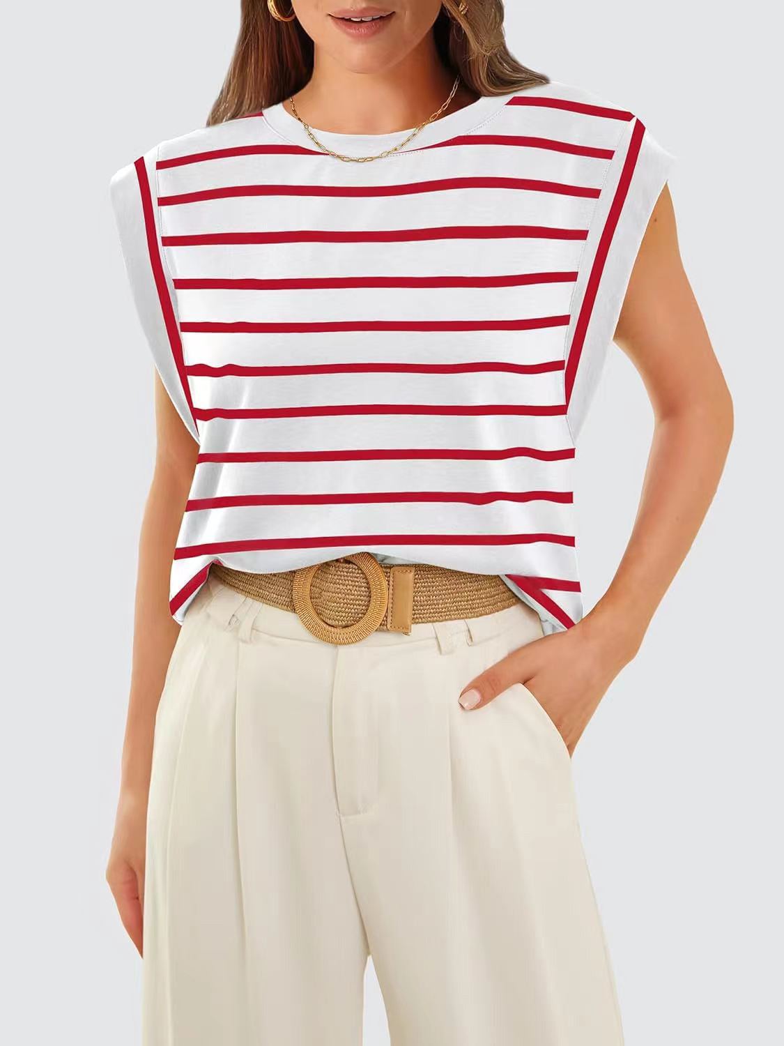 Striped Round Neck Cap Sleeve Top