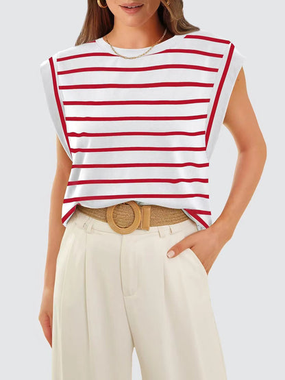 Striped Round Neck Cap Sleeve Top
