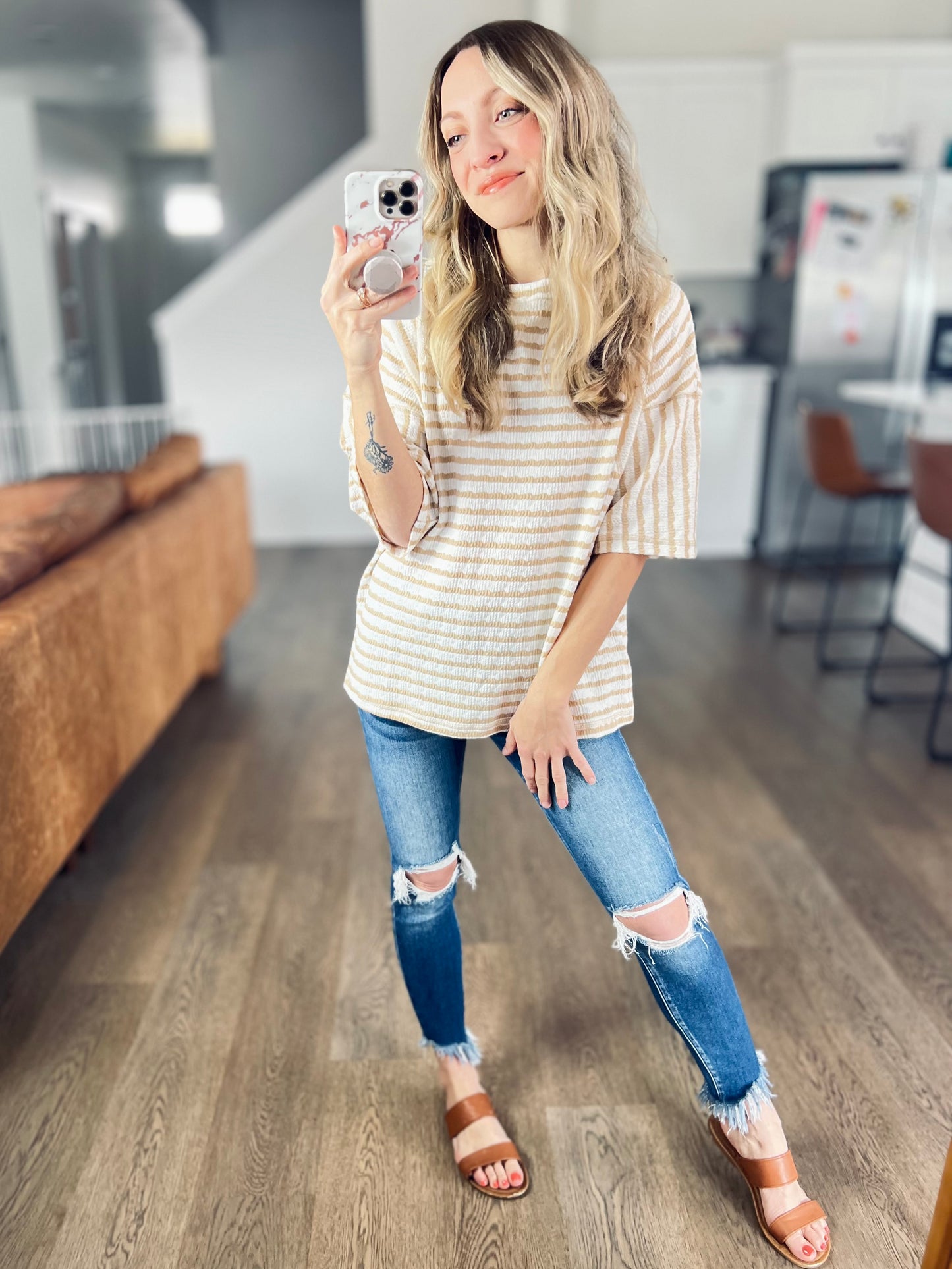 Textured Stripe Patchwork Detail Half Sleeve Top