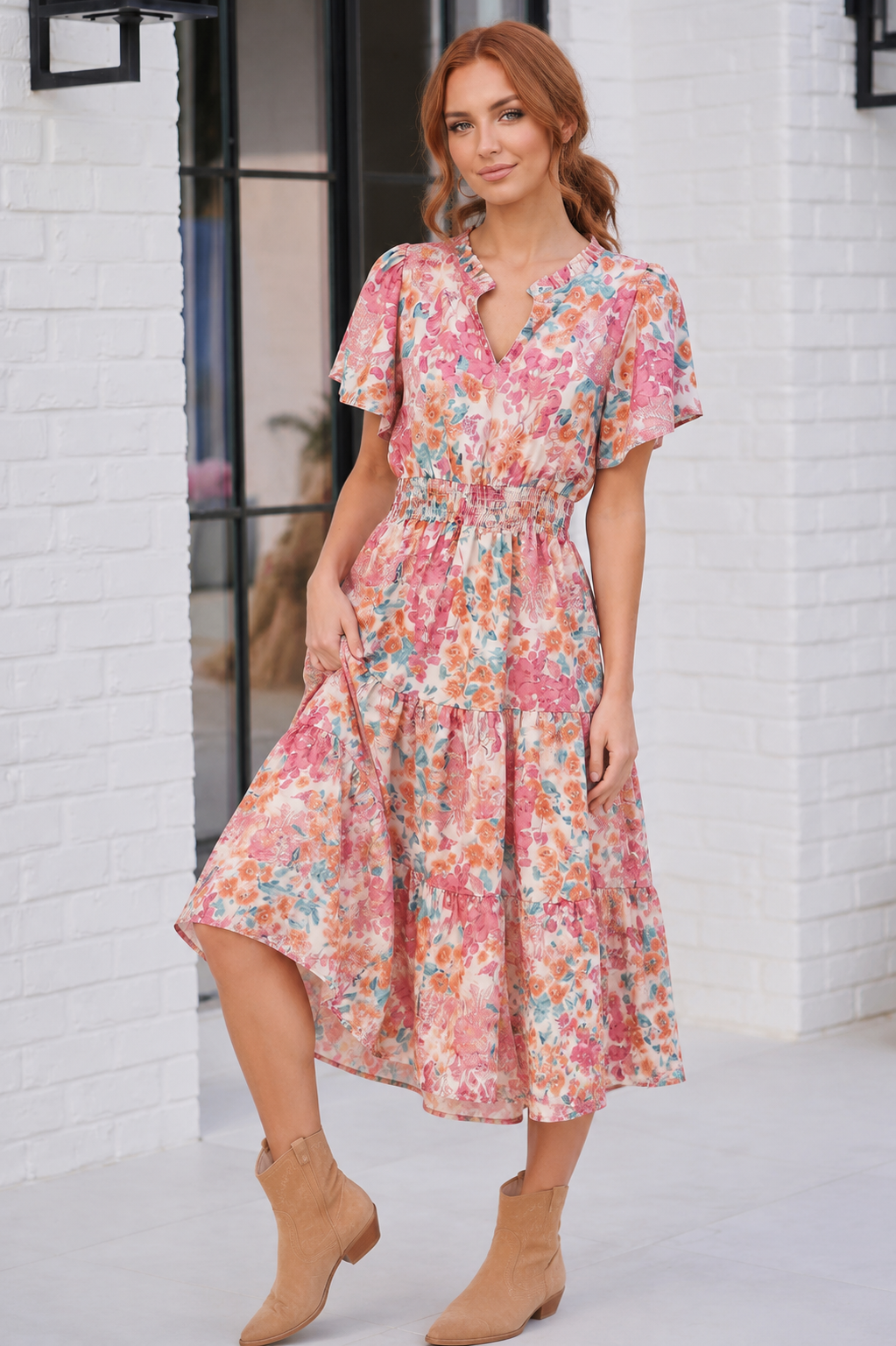 Paint and Sip Floral Tiered Midi Dress