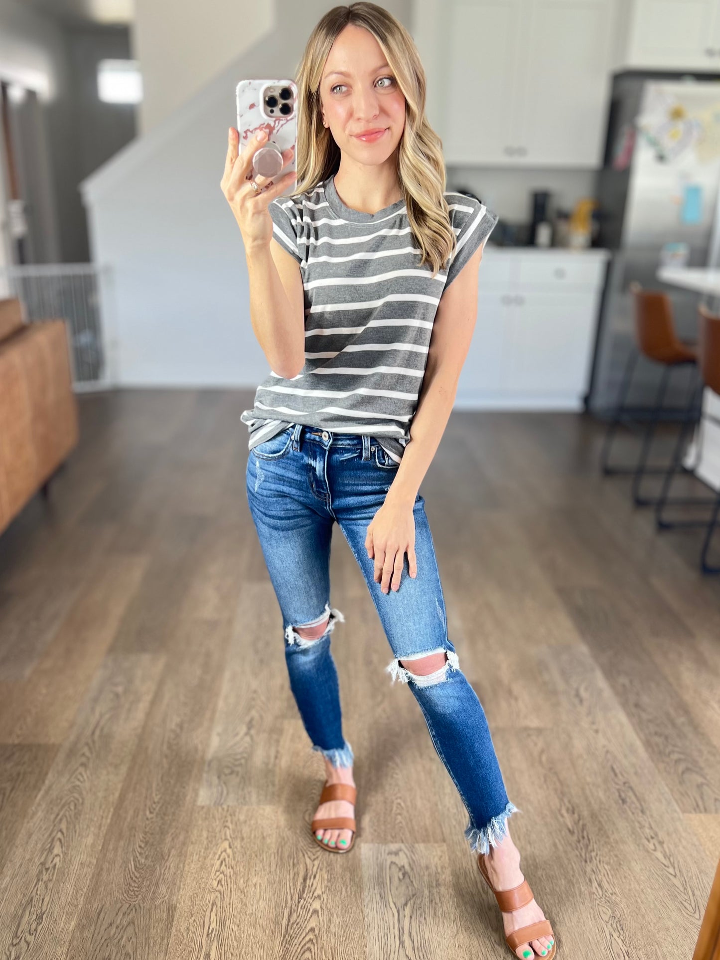 Striped Round Neck Cap Sleeve Top