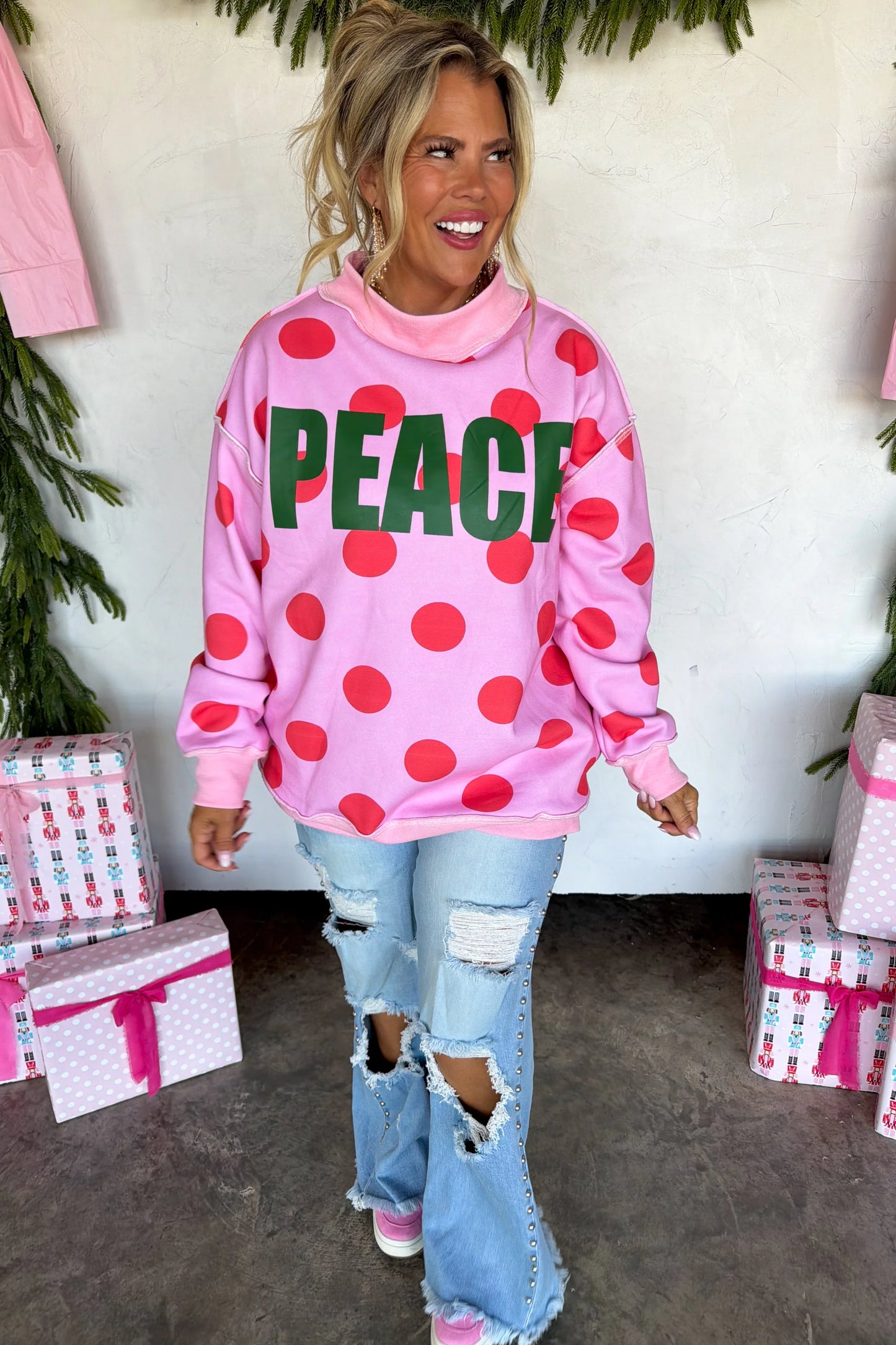 PREORDER: Peace & Polka Dot Mock Neck Pullover // ETA October - Early Nov