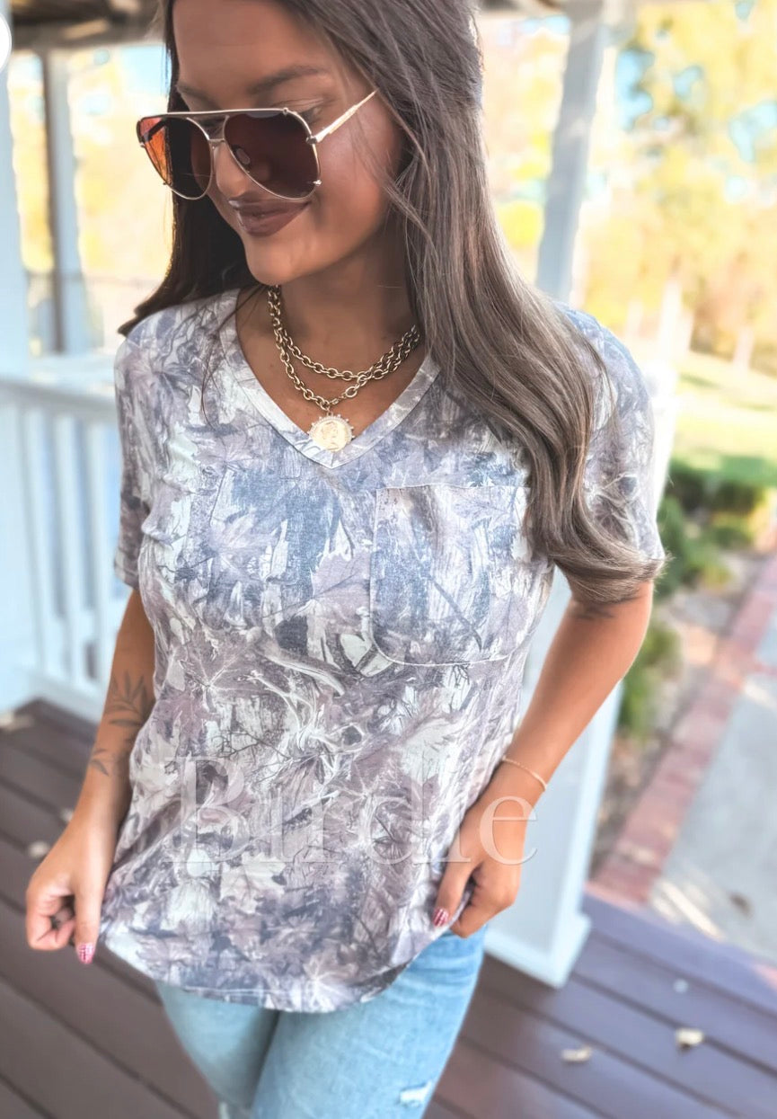 PREORDER: Soft Style V Neck Pocket Tee in Dark Camo // eta 3-4 weeks