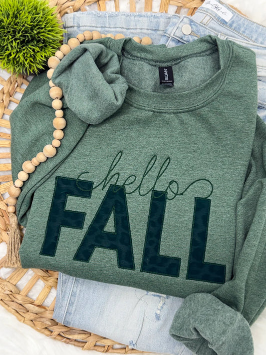 PREORDER: Hello Fall Faux Leather Leopard -EMBROIDERED SWEATSHIRT
