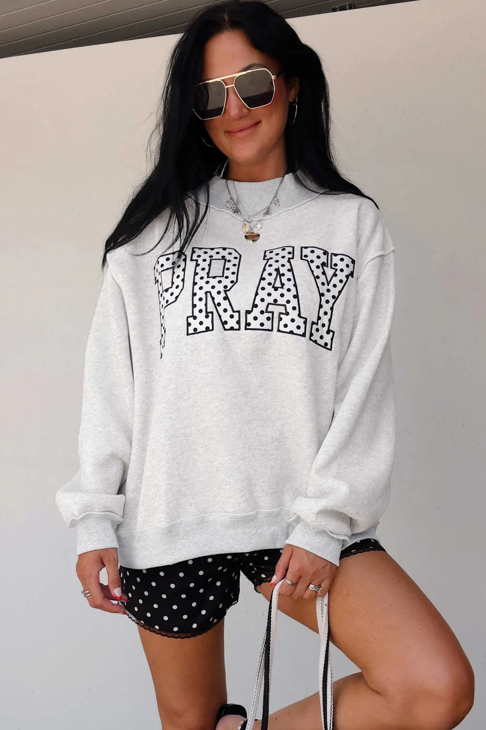 Mock Neck Embroidered Applique PRAY Sweatshirt
