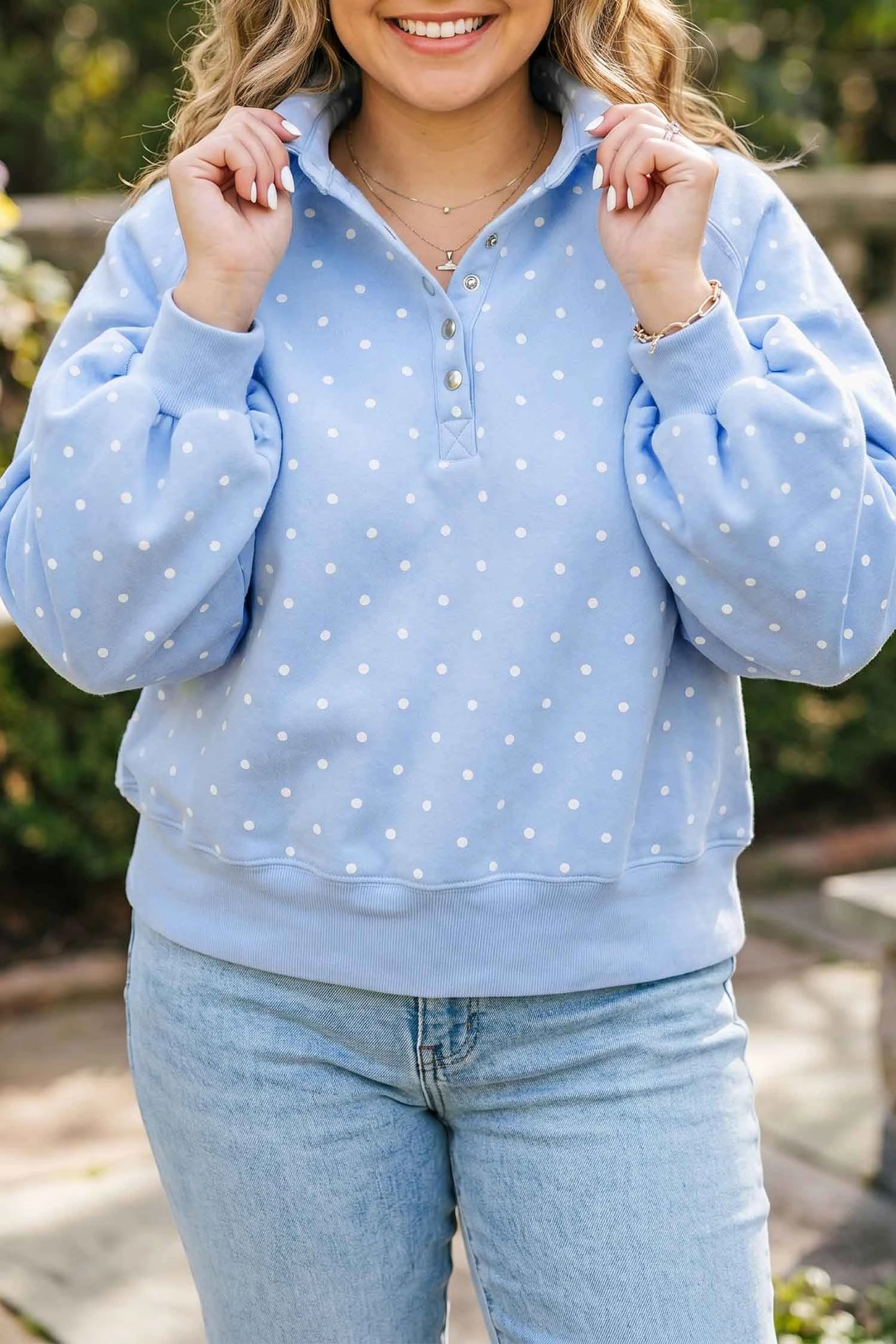 SHIPS FREE TODAY // Sky Blue Polka Dot V Neck Sweatshirt Plus Size