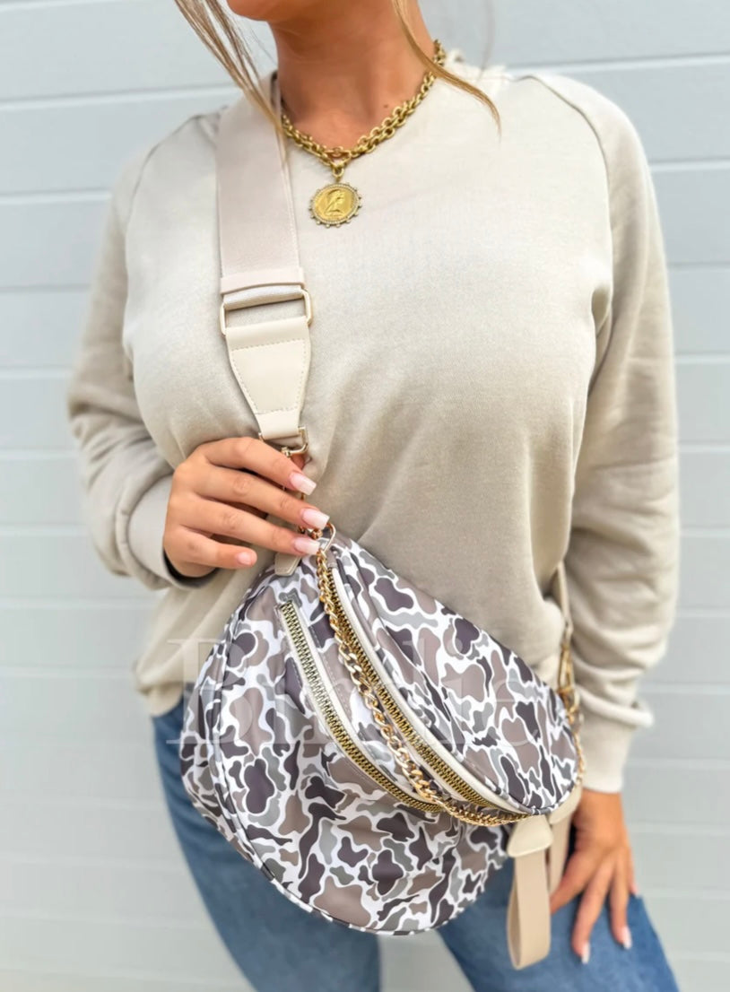 PREORDER: Double Zipper Crossbody Bag in Duck Camo // eta 3-4 weeks