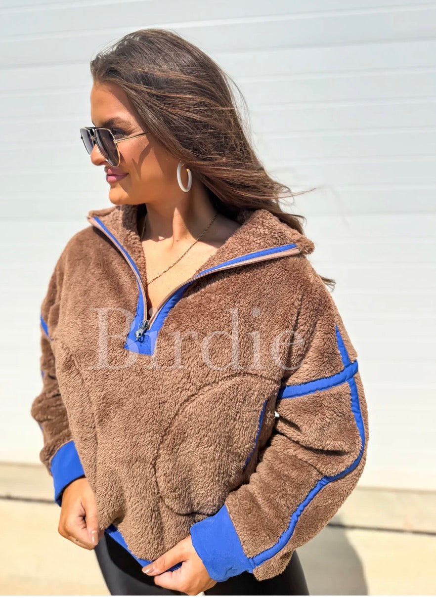 PREORDER: Bliss Cozy 1/2 Zip in Brown & Blue // eta June