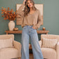 Cozy Caramel V-Neck Sweater with Crochet Sleeves