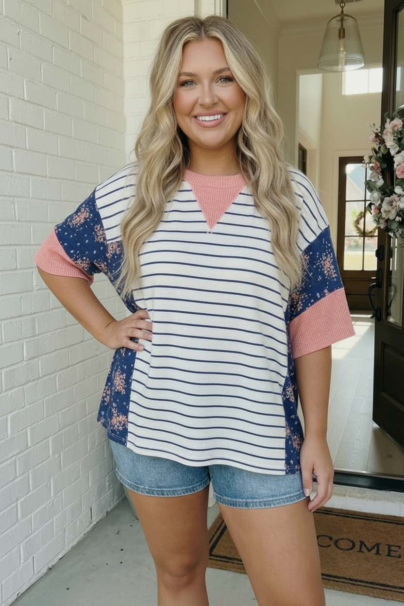 Stripe and Floral Mixed Top