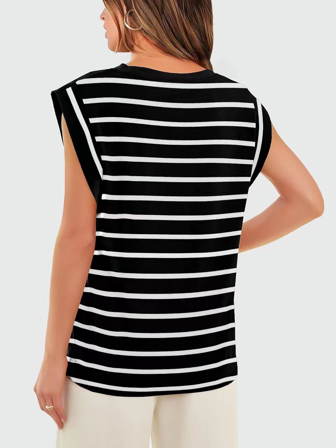 Striped Round Neck Cap Sleeve Top