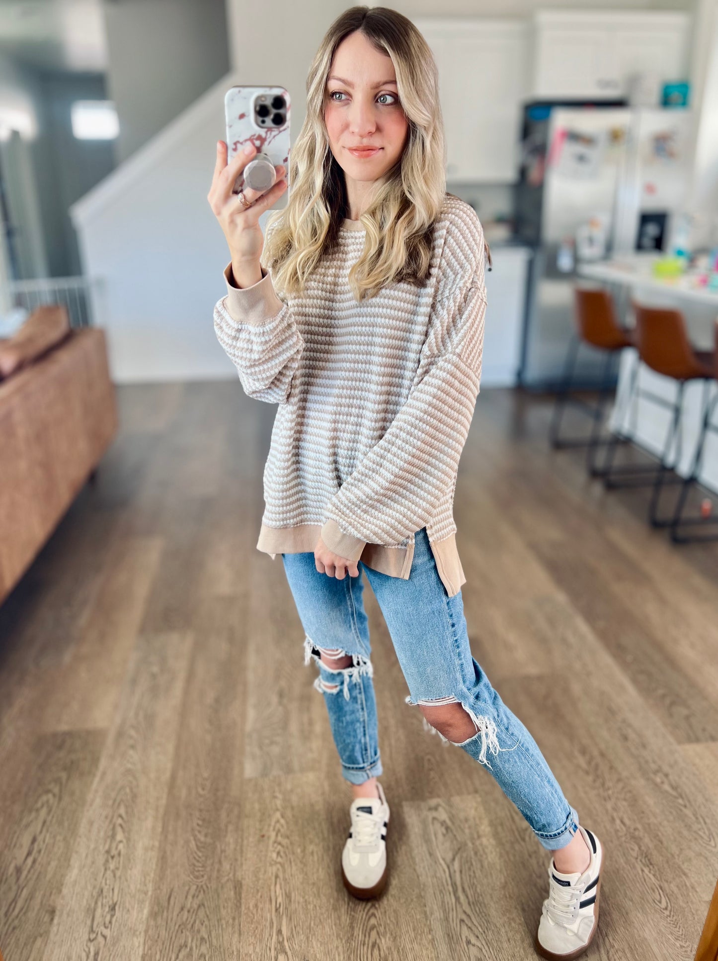 Relaxing Khaki Stripe Waffle Top