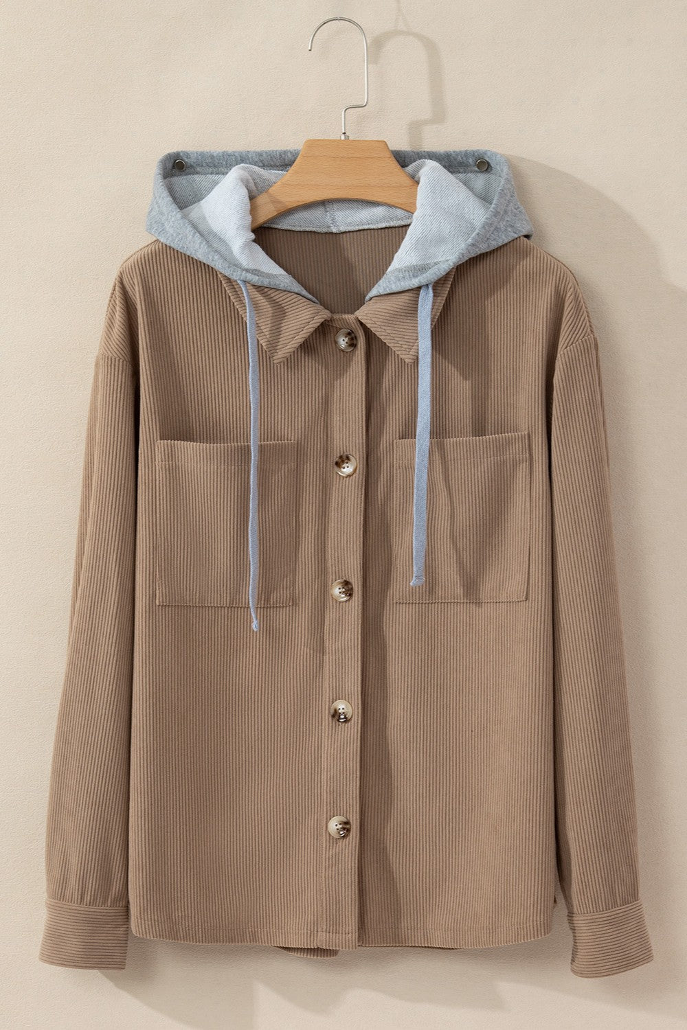 Cord Drawstring Button Up Hooded Shacket