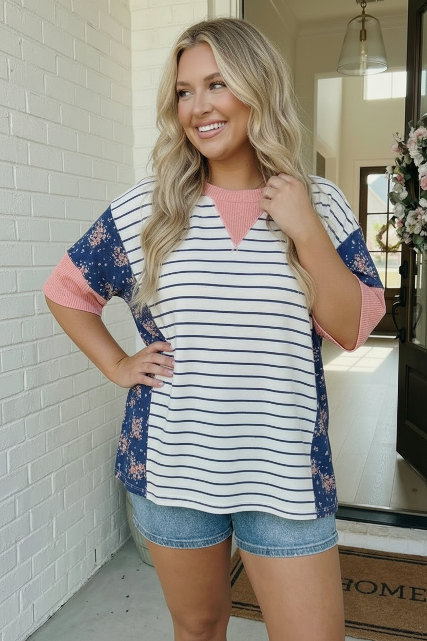 Stripe and Floral Mixed Top