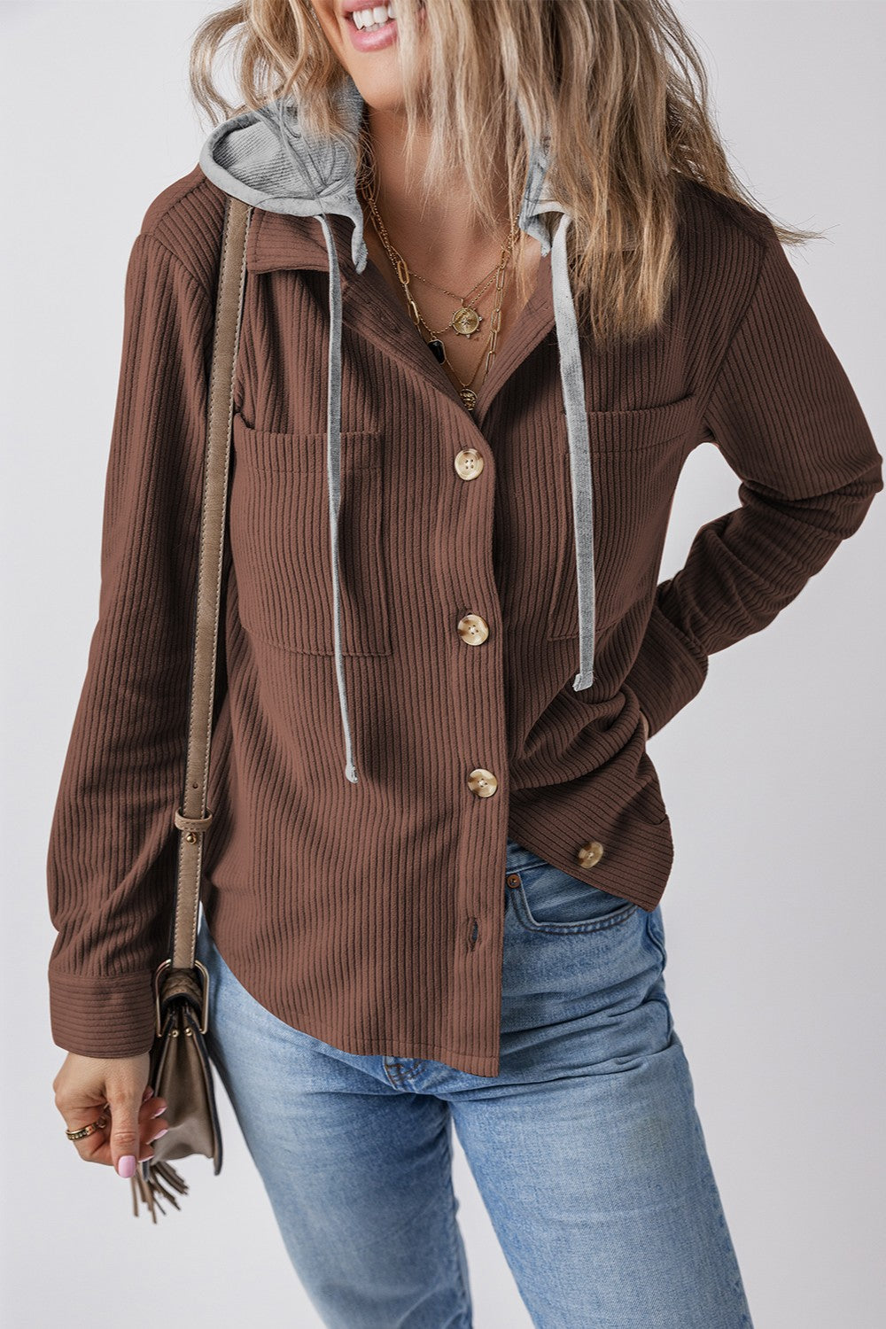 Cord Drawstring Button Up Hooded Shacket