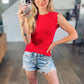 Ribbed Ruffle Trim Sleeveless Stripe Top in Ruby