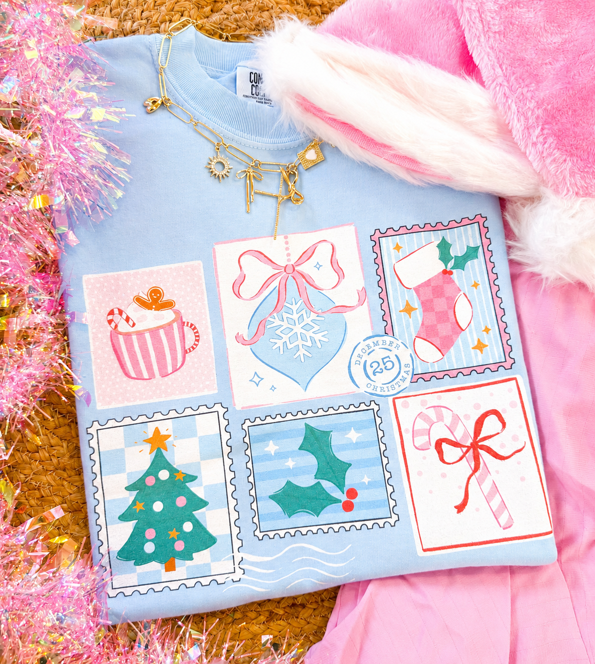 Blue Christmas Stamps Tee or Long Sleeve